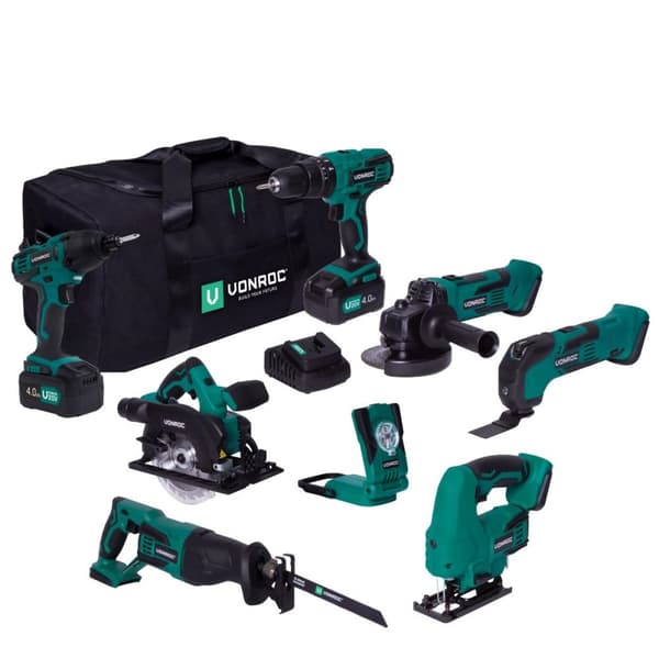 VONROC Værktøjssæt VPower 20V - 4.0Ah | Inkl. 7 maskiner, 2 batterier og en oplader