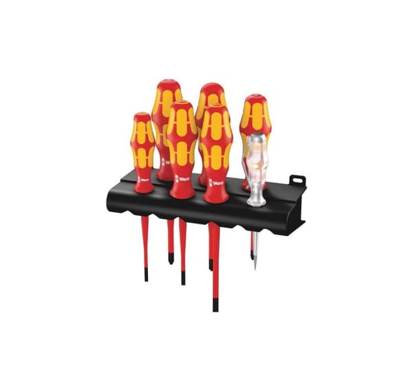 Wera Kraftform Plus 160iS/7 VDE eristetty ruuvimeisselisarja 7kpl PZ/SL+PH+SL+jännitetesteri, teline
