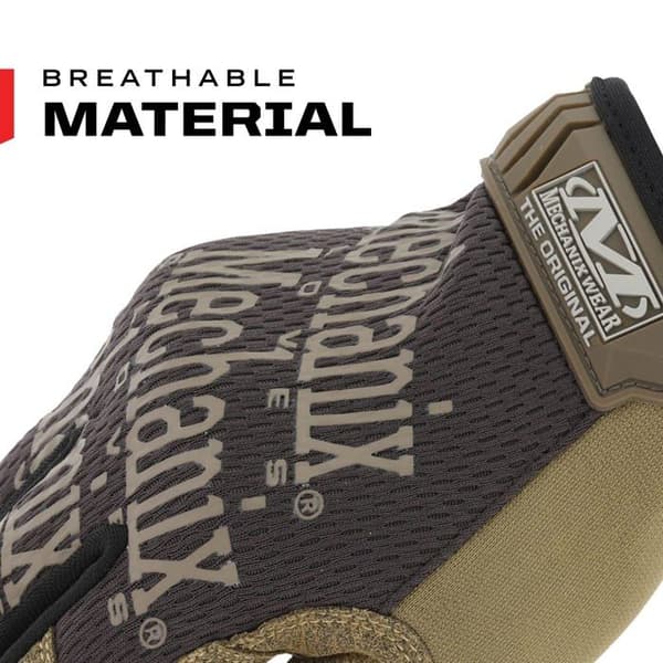 Mechanix bär The Original®-handskar i storlek M i brun färg. Med kardborreband, syntetiskt läder, TrekDry®.