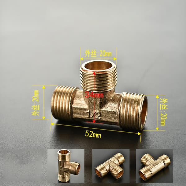 INF Messing T-kobling, 1/2" Nipler x 1/2" Hann-NPT x 1/2" Nipler Treveis Kobling