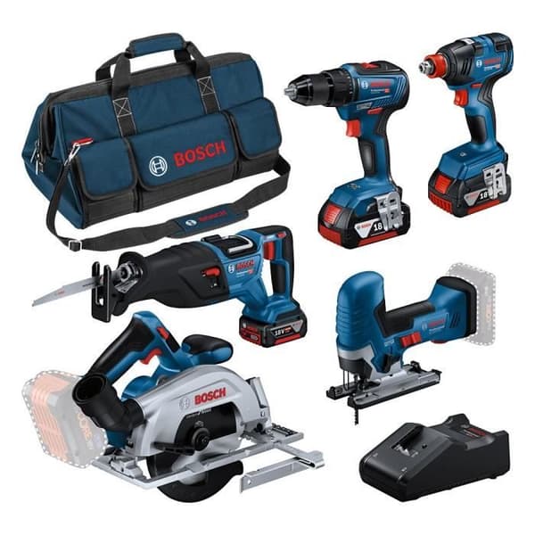 Pack 5 verktyg: GSR 18V-55 + GST 18V-125 S + GKS 18V-57-2 + GSA 18V-28 + GDX 18V-200 + 3 batterier 4,0Ah + GAL 18V-40 + påse L