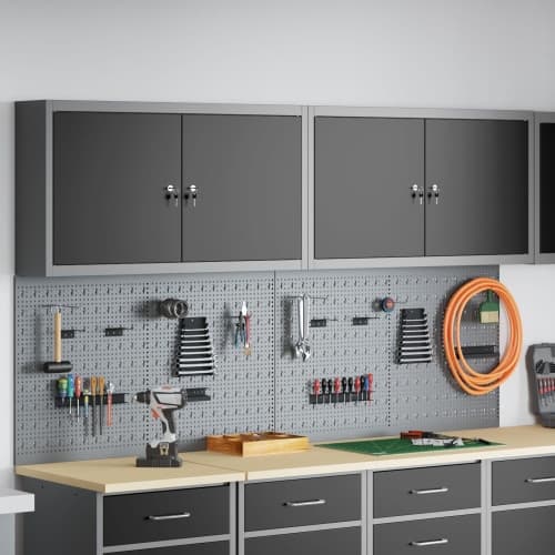 6-delars verktygsskåp och pegboard-set väggmonterat svart metall