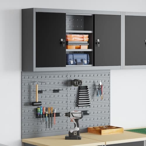 3 Delars Verktygsskåp och Pegboard Set Vägghängt Svart Metall