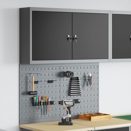 3-delars verktygskåp och pegboard-set väggmonterad svart metall