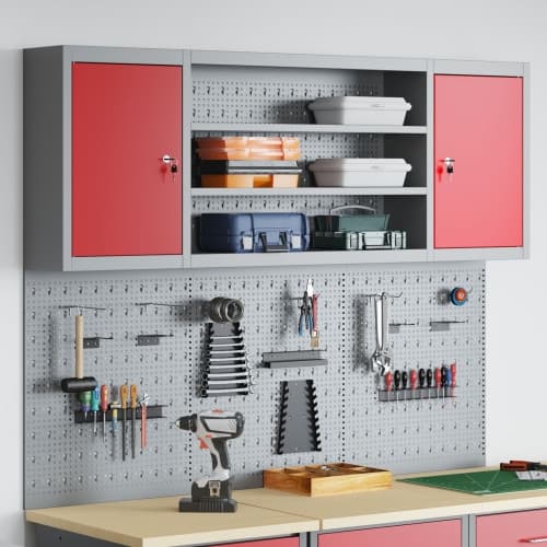 6-delars verktygsskab och pegboard-set väggmonterat röd metall