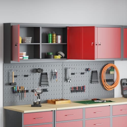 6-delars verktygsskåp och pegboard-set väggmonterad röd metall