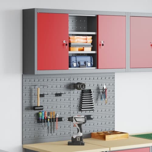 3-delars verktygsskåp och pegboard-set väggmonterat röd metall