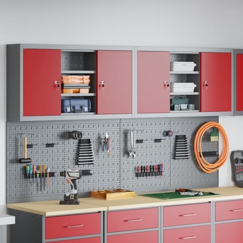 4 Delars Verktygsskåp och Pegboard Set Väggmonterat Röd Metall