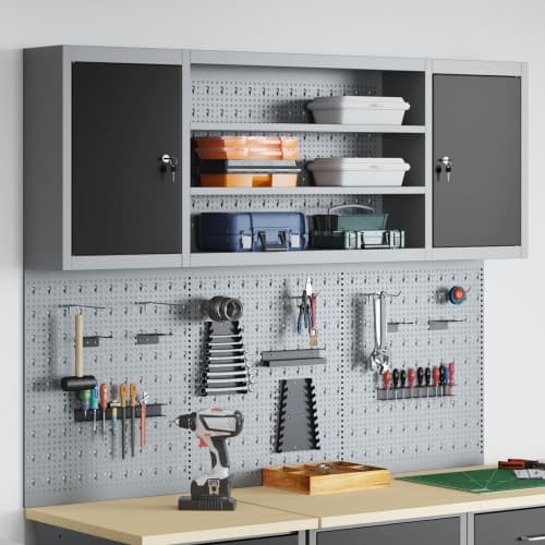 6 Delars Verktygsskab och Pegboard Set Väggmonterat Svart Metall