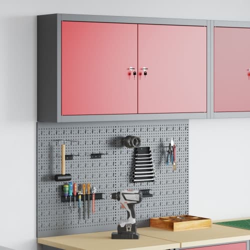3-delars verktygsskåp och pegboardset väggmonterat röd metall