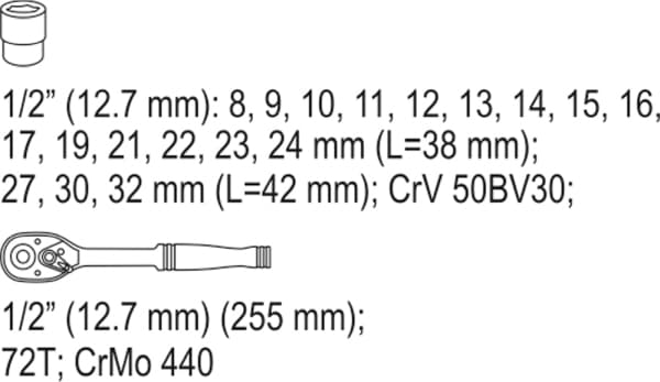 YATO SÆT MED TOPPENØGLE MED SKRALDE 1/2" 19 DELE