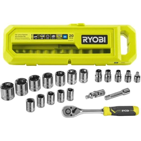 Æske med 1 nøgle med 90 tænder (udhulingsvinkel 4°) og 16 toppe (fra 7 til 24 mm). adapter 1/4'' sekskant - 3/8'' sekskant - Ryobi-kompatibel