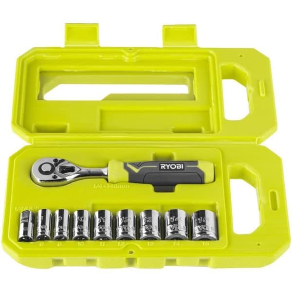 RYOBI - Sæt med 1 90-tands nøgle, 8 toppe (8 til 15 mm) og 1/4'' - 3/8'' adapter - Kompatibel med Ryobi LINK - RHRS10PC