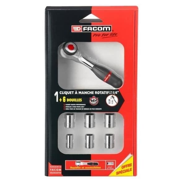 3/8 skralde med 360° roterende håndtag FACOM - J.360PACKPB (Leveres med 7 toppe)