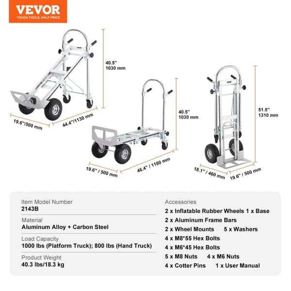 Fällbar Handtruck, Lastkapacitet 800/1000 lbs, Hållbar Aluminiumram,800 lbs in Swedish is "800 pund".