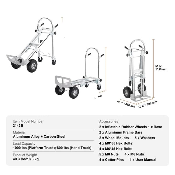 Fällbar Handtruck, Lastkapacitet 800/1000 lbs, Hållbar Aluminiumram,800 lbs in Swedish is "800 pund".