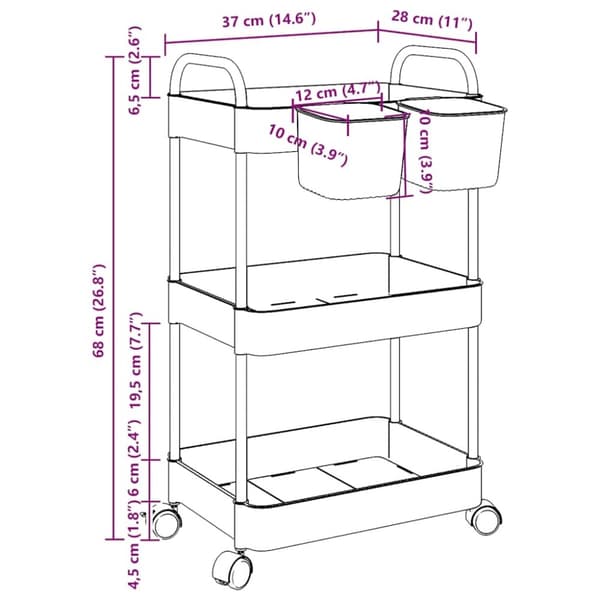 vidaXL opbevaringsvogn i 3 niveauer transparent 37x28x68 cm akryl