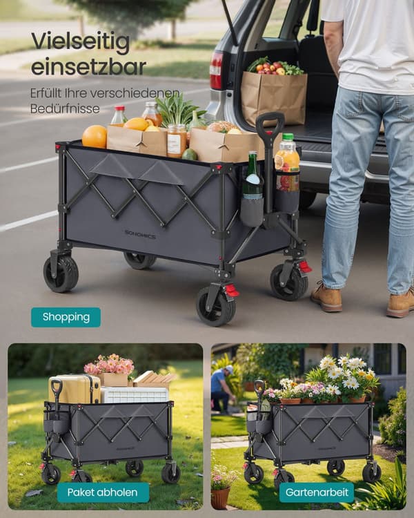 Vikbar handvagn med handtag och 4 avtagbara hjul, Leigrijs