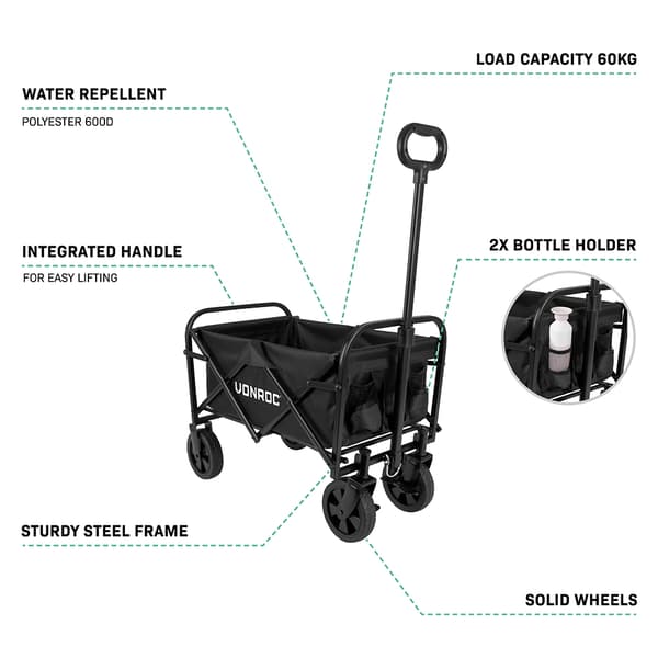 VONROC Hopfällbar vagn – 60 kg, 50 L, svart