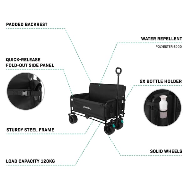VONROC Hopfällbar skrinda med sits – 2-i-1 vagn och bänk – 120 kg – 115 L – Svart