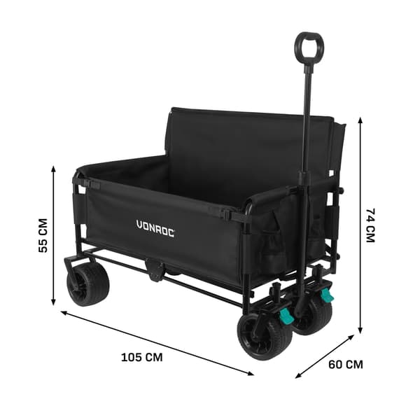 VONROC Hopfällbar skrinda med sits – 2-i-1 vagn och bänk – 120 kg – 115 L – Svart