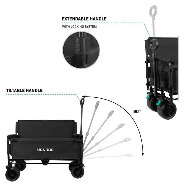 VONROC Hopfällbar skrinda med sits – 2-i-1 vagn och bänk – 120 kg – 115 L – Svart