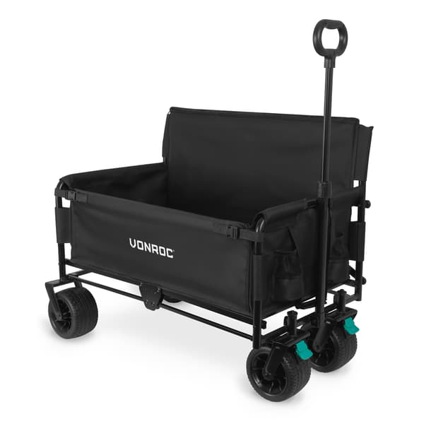 VONROC Hopfällbar skrinda med sits – 2-i-1 vagn och bänk – 120 kg – 115 L – Svart