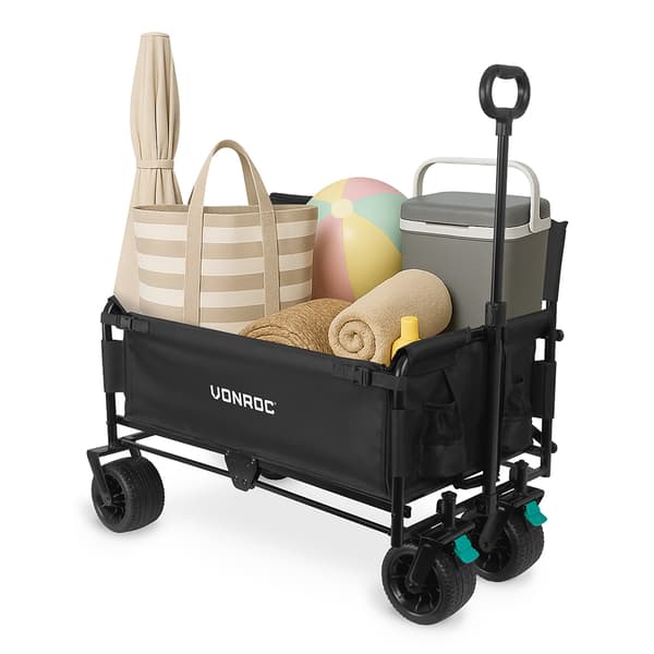 VONROC Hopfällbar skrinda med sits – 2-i-1 vagn och bänk – 120 kg – 115 L – Svart