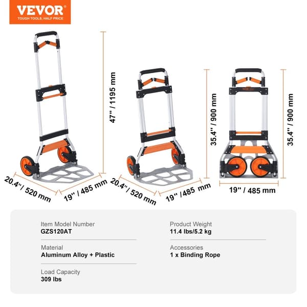 Folding Hand Truck, Letvægts Aluminiumlegering, Bindebånd,309 lbs