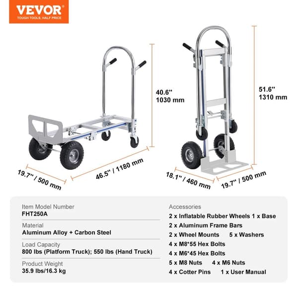 Sammenklappelig håndvogn, 800 lbs belastningskapacitet, aluminiumlegering konstruktion, 360° bremsehjul,800lbs