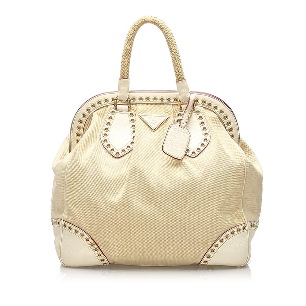 Prada Grommet Frame Canvas Handbag Brown