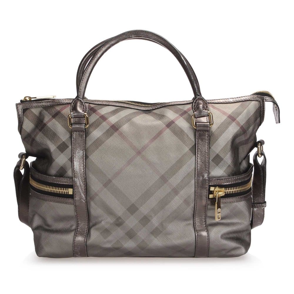 Burberry Smoke Check CoatedCanvas Handbag Silver