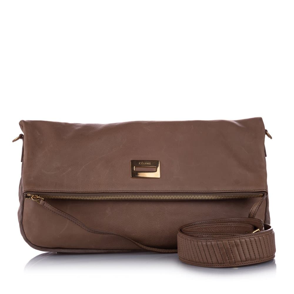 Celine Fold-Over Leather Satchel Brown