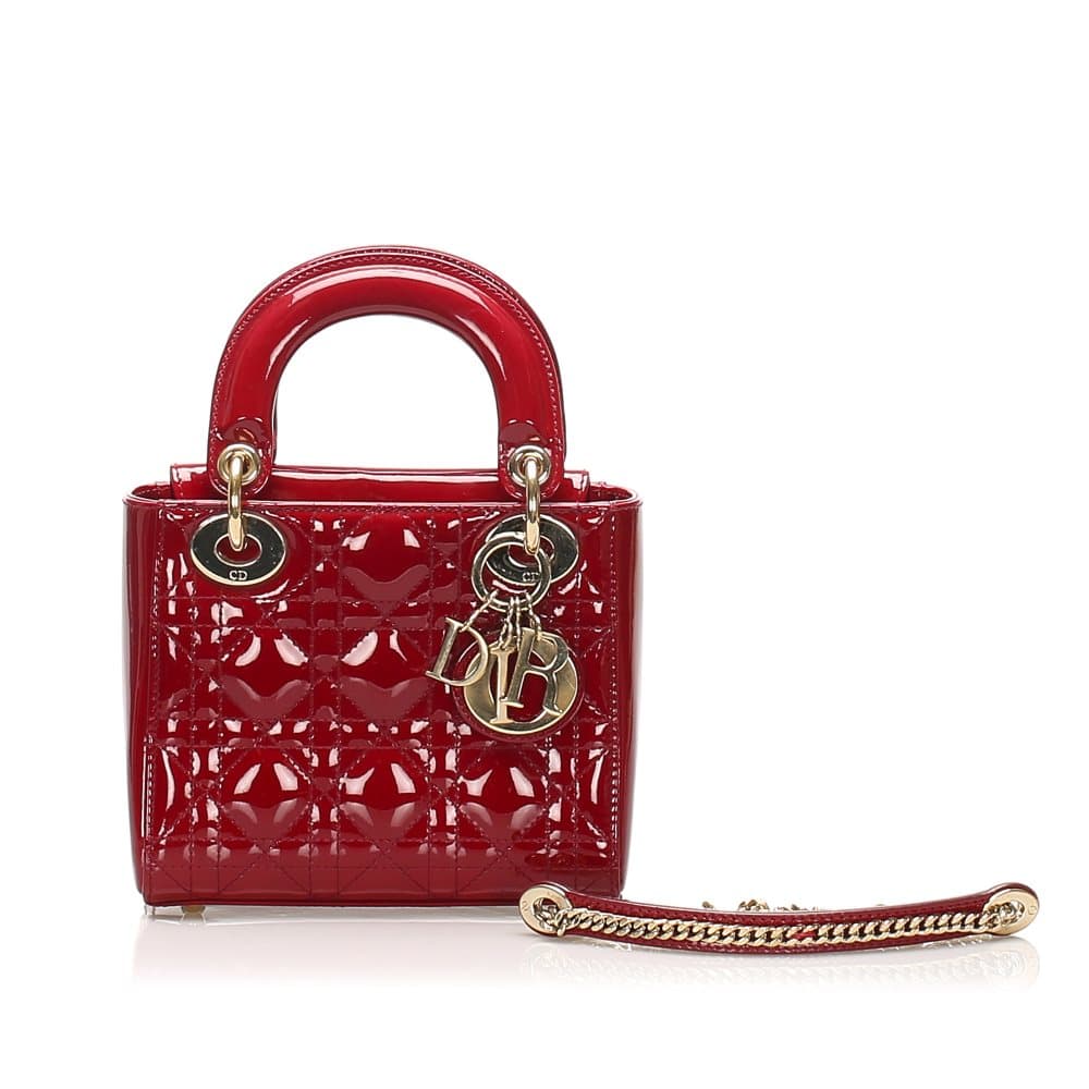 Dior Cannage Lady Dior Patent Leather Satchel Red