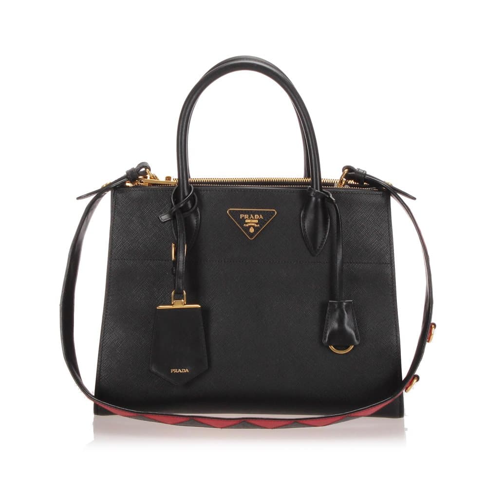 Prada City Calf Greca Saffiano Paradigme Leather Satchel Black
