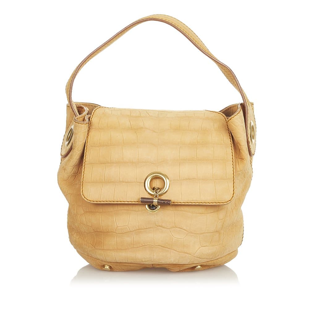 Pre-owned YSL Croc Embossed Capri Flap Bag Brown