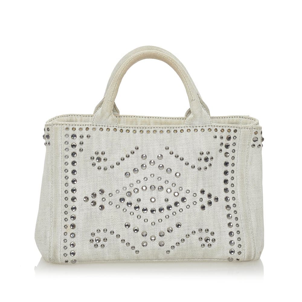 Pre-owned Prada Canapa Studded Canvas Satchel White