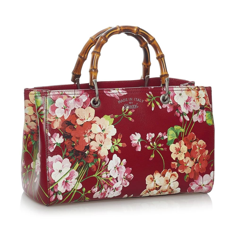 Pre-owned Gucci Flora Bamboo Shopper Leather Satchel Red