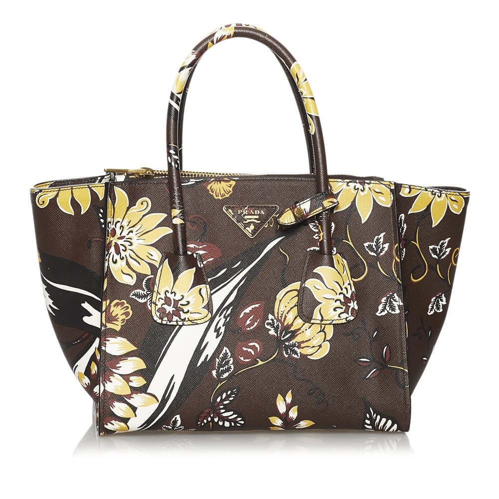 Pre-owned Prada Printed City Calf Double Zip Satchel Brown
