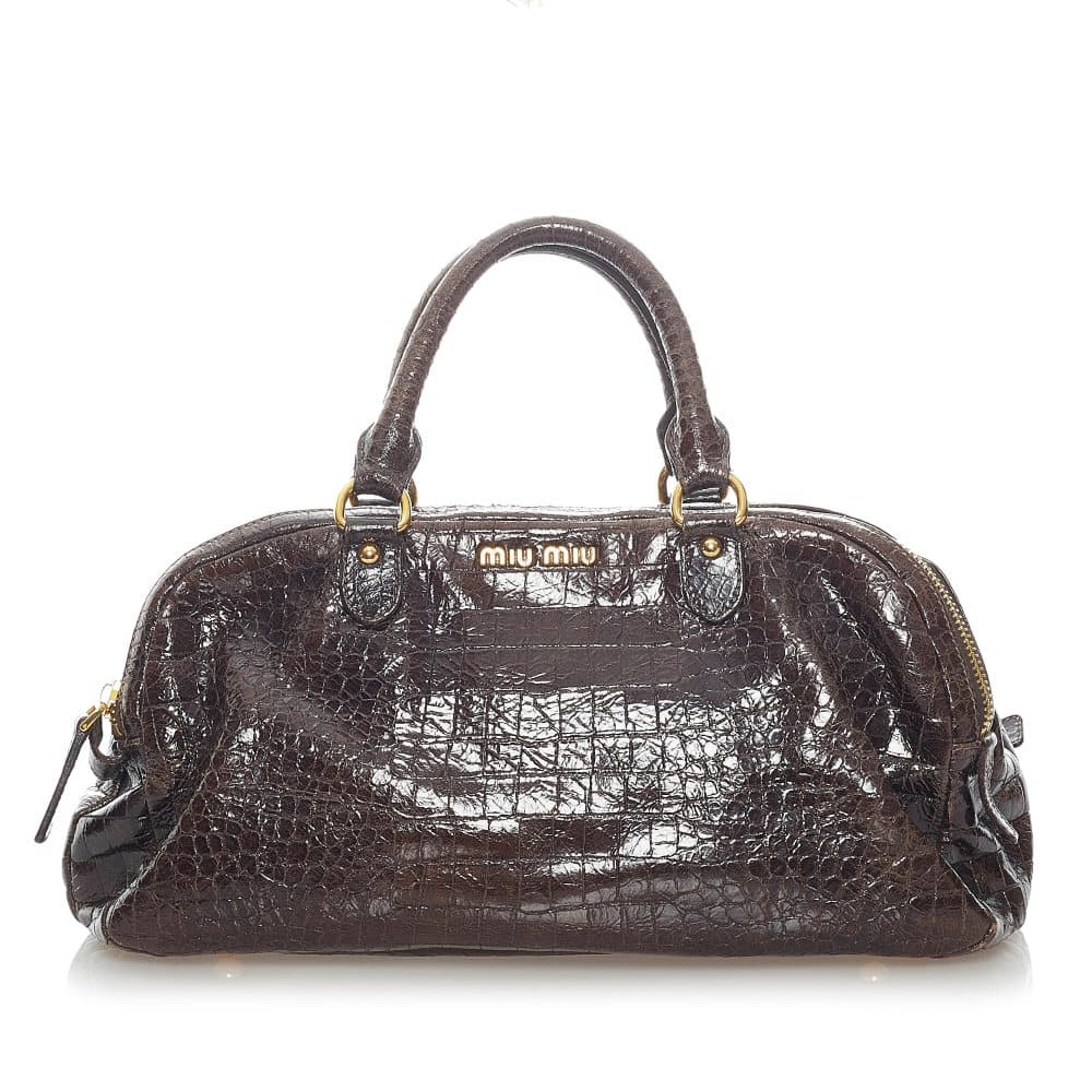 Pre-owned Miu Miu Embossed Patent Leather Satchel Brown