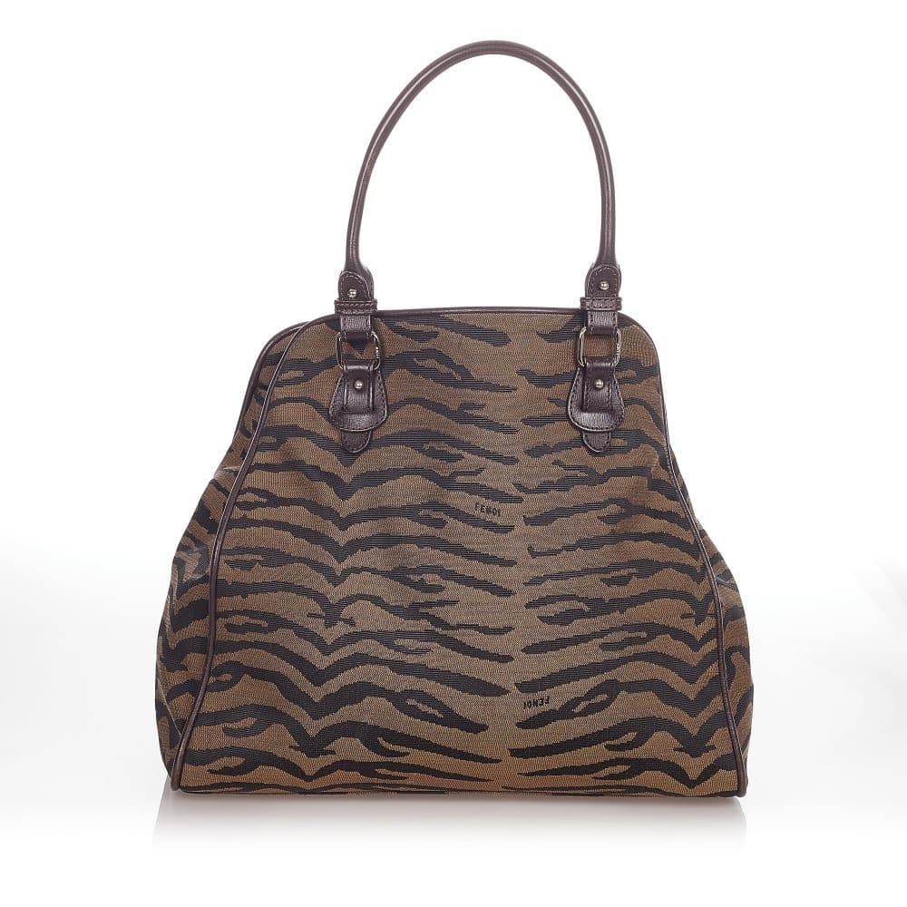 Pre-owned Fendi Zebra Print Canvas Handbag Brown