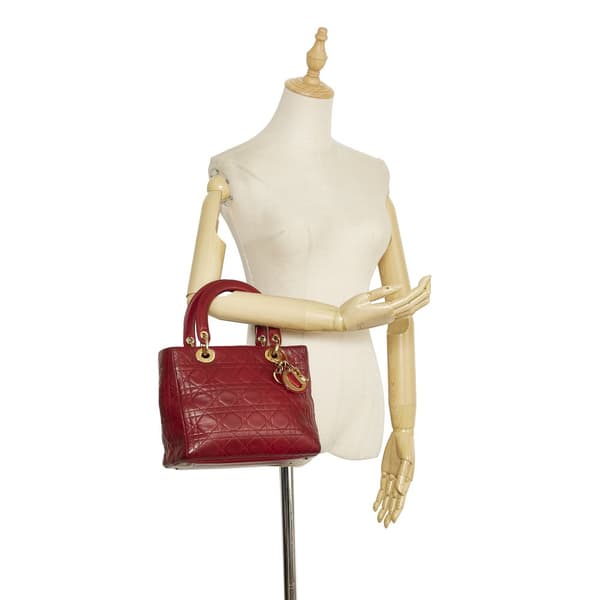 Pre-owned Dior Medium Lambskin Cannage Lady Dior Red