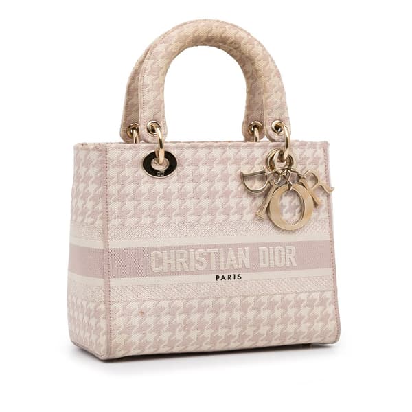 Pre-owned Dior Small Houndstooth Lady D-Lite Pink