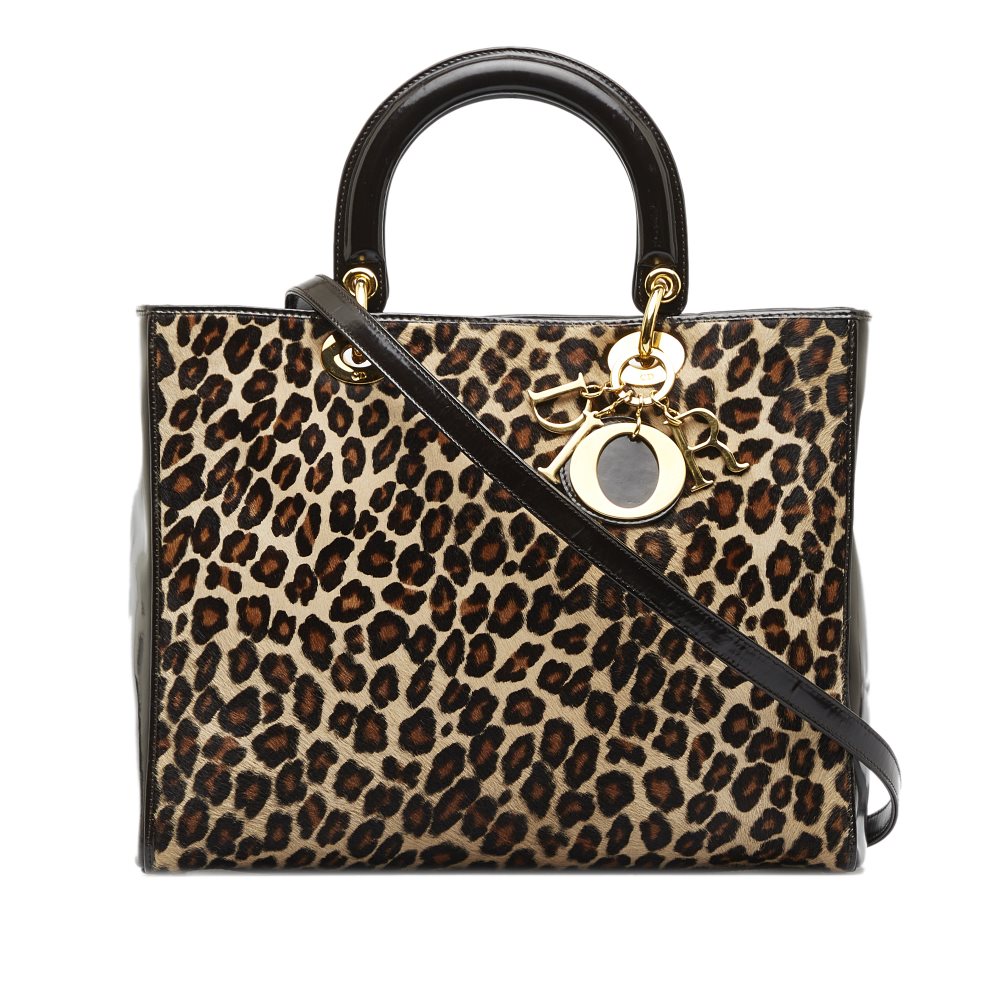 image of Pre-owned Dior Large Leopard Print Pony Hair Lady Dior Brown