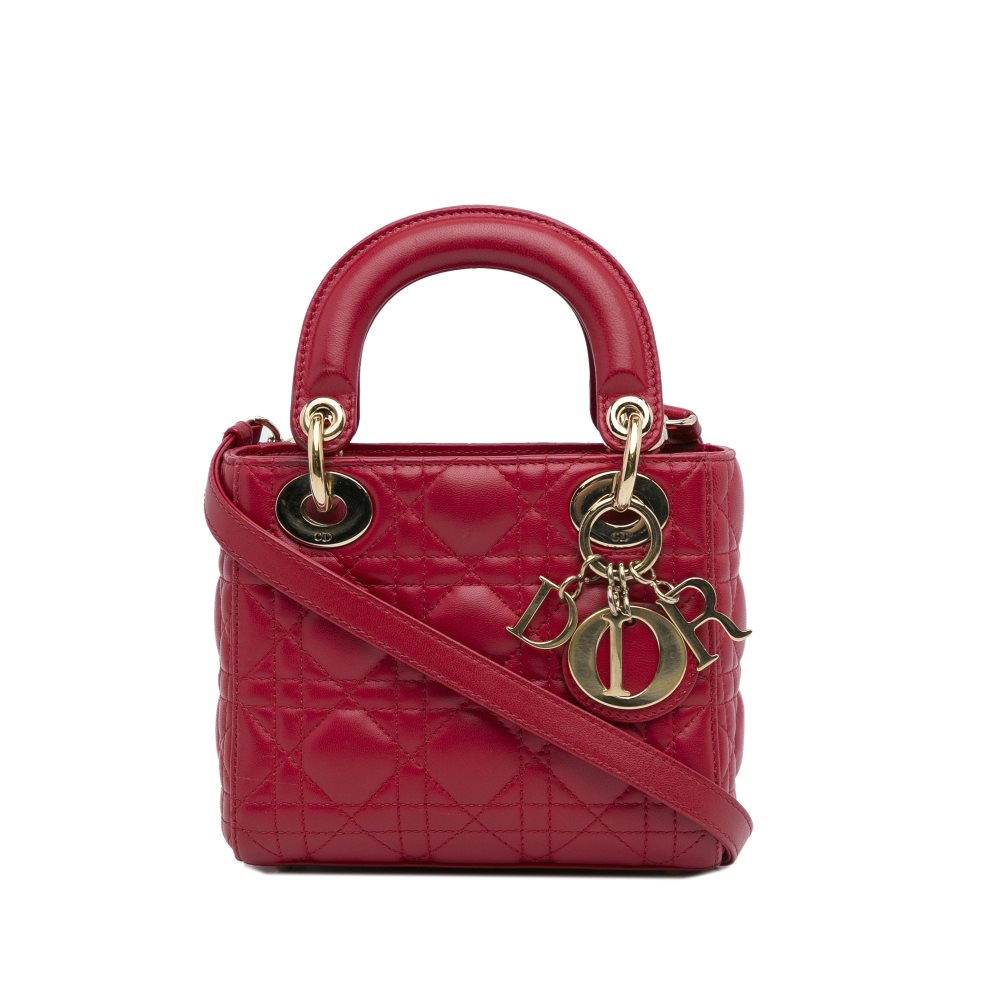 image of Pre-owned Dior Mini Cannage Lambskin Lady Dior Red