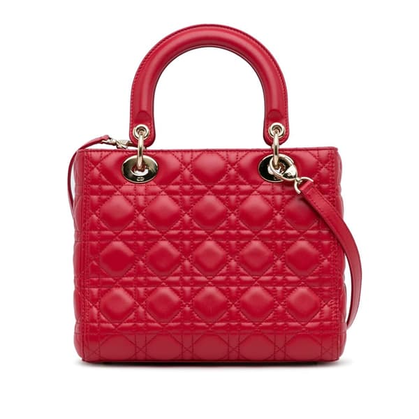Pre-owned Dior Medium Lambskin Cannage Lady Dior Red