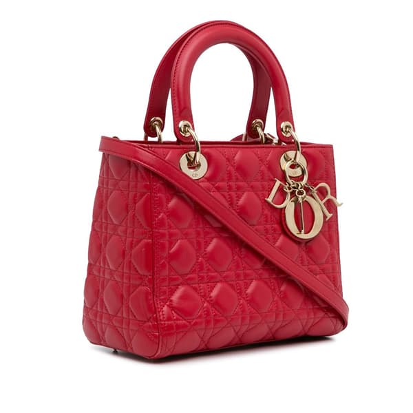 Pre-owned Dior Medium Lambskin Cannage Lady Dior Red