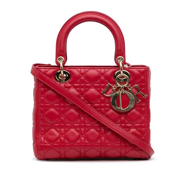Pre-owned Dior Medium Lambskin Cannage Lady Dior Red