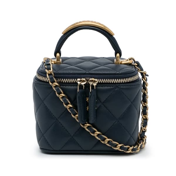 Pre-owned Chanel Small Lambskin Top Handle Vanity Bag Blue