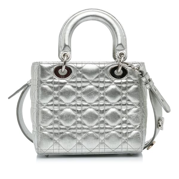 Pre-owned Dior Small Metallic Grained Calfskin Cannage My ABCDior Lady Dior Silver